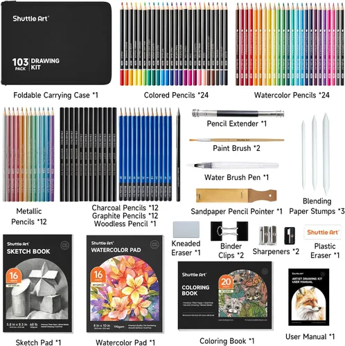 Miniatura 2 de Shuttle Art Kit de dibujo de 103 piezas, suministros de dibujo profesional con boceto, carbón, colores, grafito, lápices y palos pastel