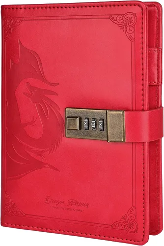 Miniatura 13 de TIEFOSSI Diario de Cuero Dragón, Cuaderno de Tapa Dura, Diario Recargable con Cerradura, Cuadernos de Escritura con Papel Rayado/En Blanco