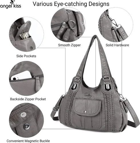 Miniatura 5 de Angelkiss - Bolsos y bolsos de mano para mujer, de cuero vegano lavado, bolso cruzado de hombro