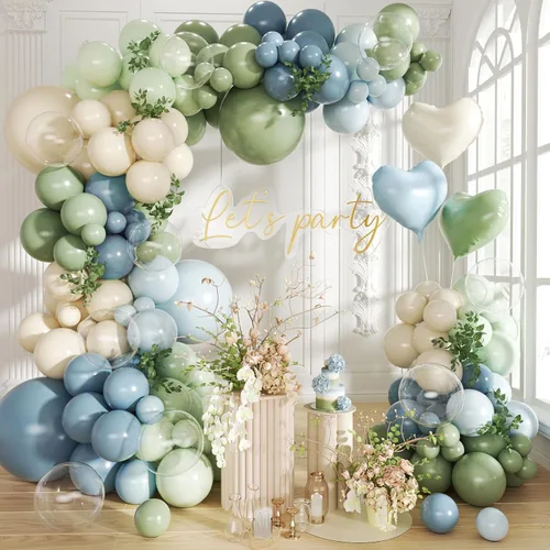 Kit de arco de globos de color azul grisáceo verde salvia, 140 globos azul niebla y azul claro, verde, arena blanca, de diferentes tamaños con globo