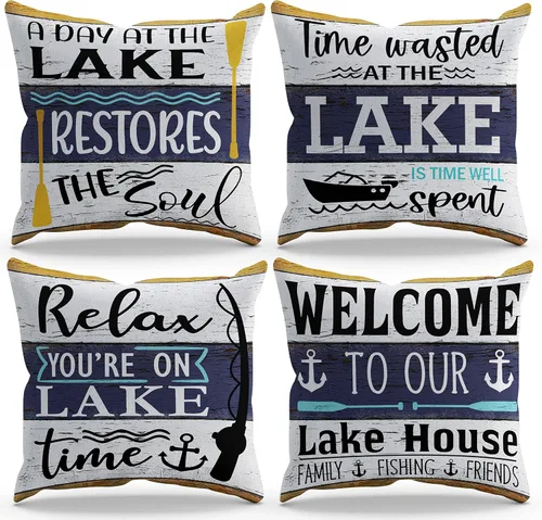 Miniatura 4 de BXFAHZJ Lake Rules Welcome to Our Lake House - Juego de 4 fundas de almohada de 18 x 18 pulgadas, decoración de cabaña de lago para lago, pádel