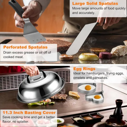 Miniatura 3 de grilljoy Juego de accesorios profesionales para plancha con prensa de hamburguesas Smash – Espátula de parrilla extra gruesa, Volteador, Paleta