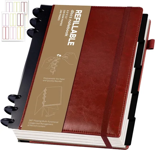 Miniatura 16 de Yoment - Cuaderno de diario de cuero para trabajo, recargable, 224 páginas, 100 GSM, papel grueso, cuaderno de 5 materias con separadores y pestañas