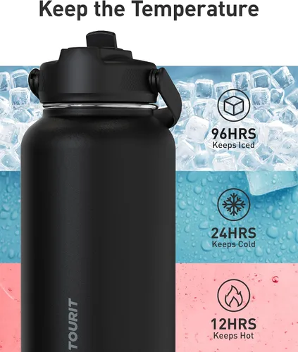 Miniatura 4 de TOURIT Botella de agua aislada de 32 onzas, botella de acero inoxidable con popote, aislamiento al vacío de doble pared para bebidas frías