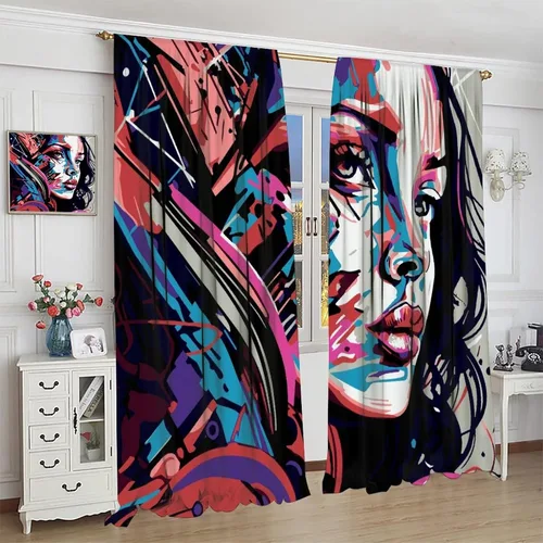 Miniatura 4 de Cortinas de pared de ladrillo, arte pop de grafiti, hermosas cortinas con estampado de chicas americanas para adolescentes, dormitorio, sala