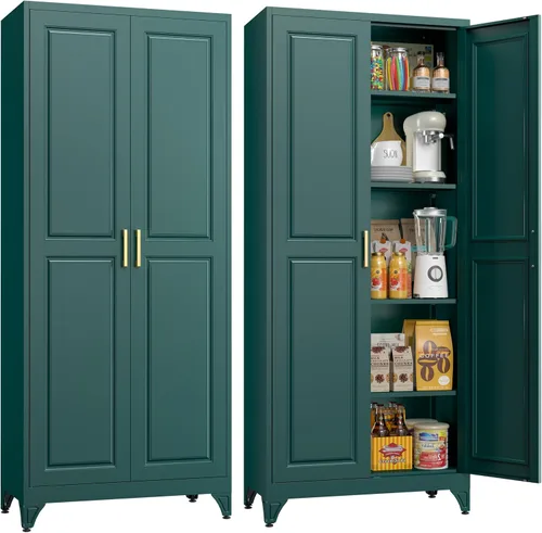 Miniatura 27 de Armario de almacenamiento de metal de 71 pulgadas de alto, armarios de almacenamiento de despensa de cocina con puertas y 4 estantes, armario