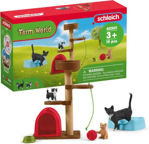 Schleich Farm World - Juego de figuras de gatos y gatitos lindos - Juego de 9 piezas realistas de mamá gata y gatito bebé, juego grande para niños