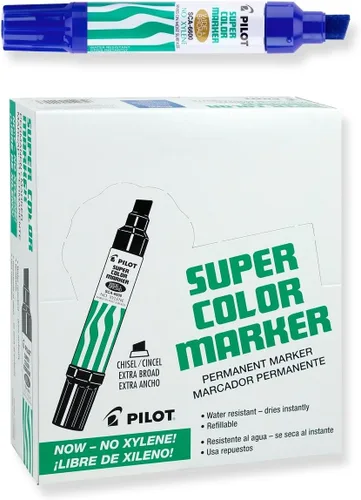PILOT Marcadores permanentes recargables jumbo súper color, tinta azul sin xileno, punta de cincel extra ancha, paquete de 12 (45200)