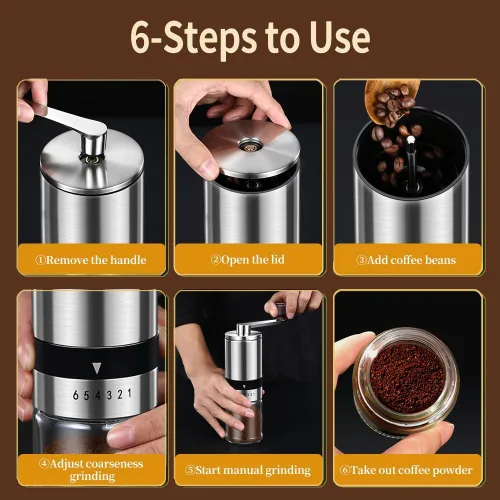 Miniatura 5 de Molinillo de café manual – 6 ajustes de grosor ajustables, molinillos de café de mano, molinillo de café manual portátil para olla Moka, prensa