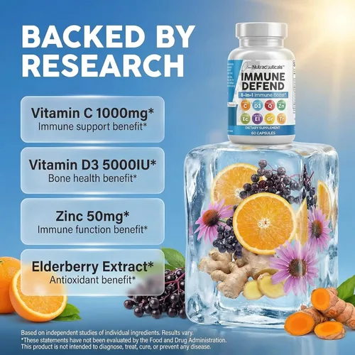 Miniatura 3 de Suplemento de apoyo de defensa inmunológica 8 en 1 con zinc 50 mg de quercetina, VIT C 1000 mg, vitamina D3 5000 IU, saúco, curcumina, jengibre