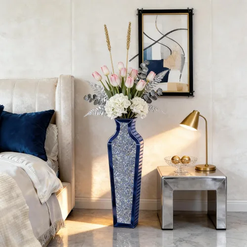 Miniatura 5 de SHYFOY Jarrón de piso de diamante triturado azul, grandes jarrones altos con espejo para piso, modernos jarrones decorativos de vidrio para sala