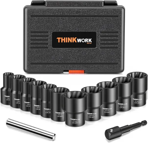 Miniatura 10 de THINKWORK Herramienta de extracción de tuercas de rueda de 1/2 pulgada, kit de extracción de bloqueo de rueda de 5 piezas, removedor de tuercas