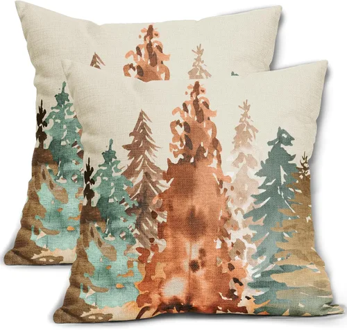 Miniatura 10 de Juego de 2 fundas de almohada de árbol azul verde acuarela de 22 x 22 pulgadas, estilo rústico, estampado de bosque natural, almohadas decorativas