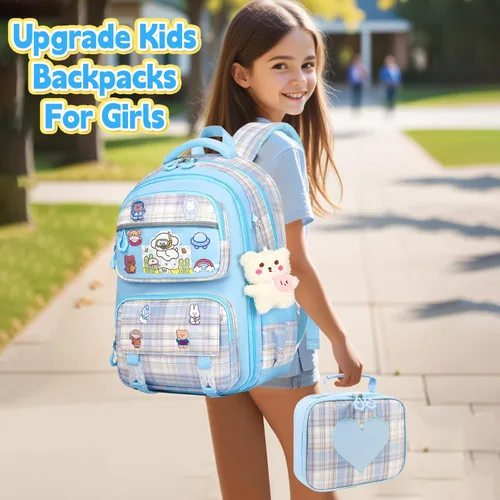 Miniatura 6 de Linda mochila para niñas, paquete de 5 mochila kawaii estética con juego de lonchera, bonita mochila escolar azul para niños y adolescentes primarias