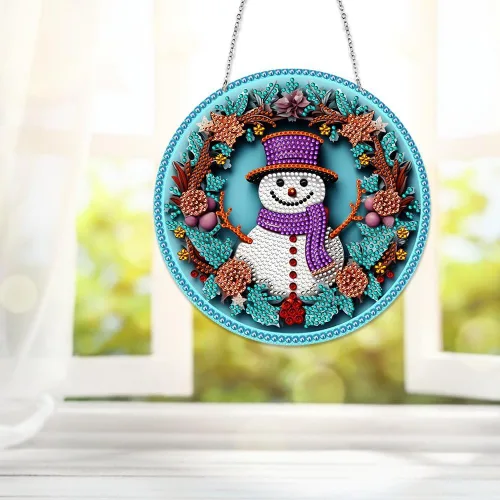 Miniatura 8 de LUSandy Kit de pintura de diamante de muñeco de nieve 5D DIY, letrero de arte de pared, muñeco de nieve, arte de diamante, atrapasoles, adorno
