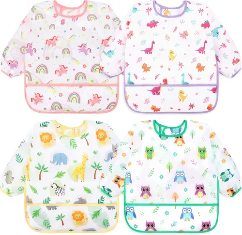 Miniatura 19 de Accmor 4 Pack Long Sleeve Bibs, Baby Smock Waterproof Sleeved Bib Smock for Baby Toddler 6-36 Months Dinosaurio azul/cerdo naranja/alce
