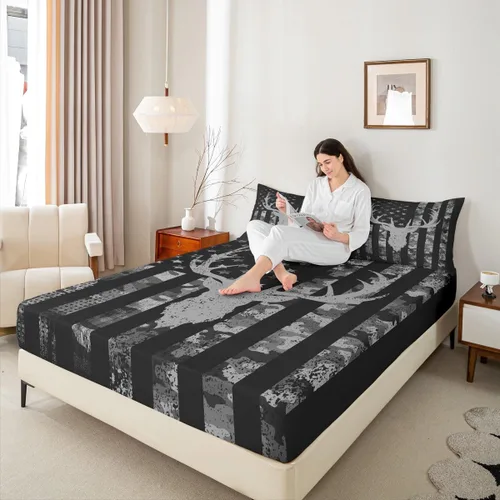 Miniatura 2 de Homewish Sábana bajera ajustable con diseño de bandera estadounidense de camuflaje para niños, tamaño individual, silueta de cuernos de ciervo