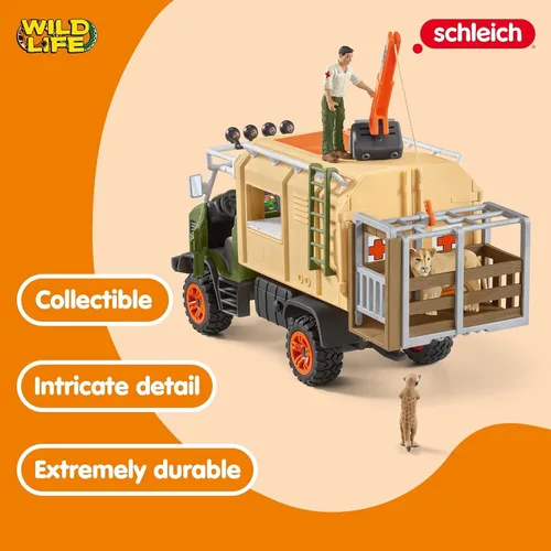 Miniatura 3 de Schleich Wild Life - Juego de camión de juguete de rescate de animales de 45 piezas, con figura de acción Ranger Tom, figuras de león y suricata.