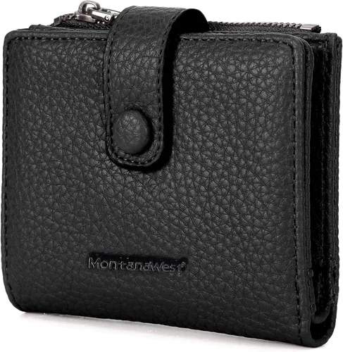 Miniatura 9 de Montana West Billetera pequeña para mujer, de piel auténtica, triple pliegue, tarjetero Rfid con cremallera y bolsillo para monedas, Un negro, Casual