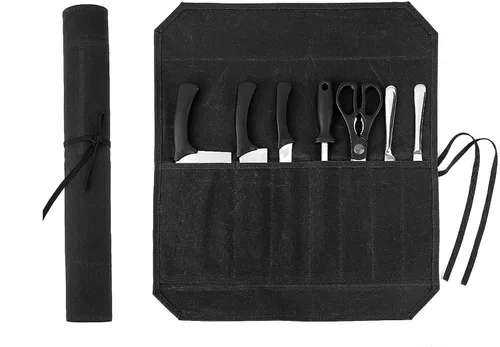 Miniatura 10 de Bolsa de rollo de cuchillo de lona encerada resistente, bolsa portátil para cuchillos de chef, duradera (verde militar)