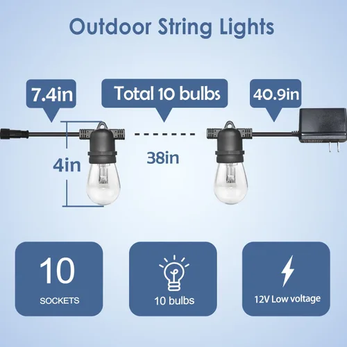 Miniatura 2 de GANA - Tira de luces LED de bajo voltaje de 12V y seguras para exteriores, 32 pies, 10 bombillas inastillables, 2200K, luz blanca cálida