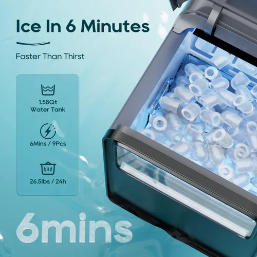 Miniatura 3 de BREEZOME Encimera para hacer hielo, 9 cubos de hielo en 6 minutos, máquina de hielo portátil autolimpiante con cesta y cuchara, 2 tamaños de hielo