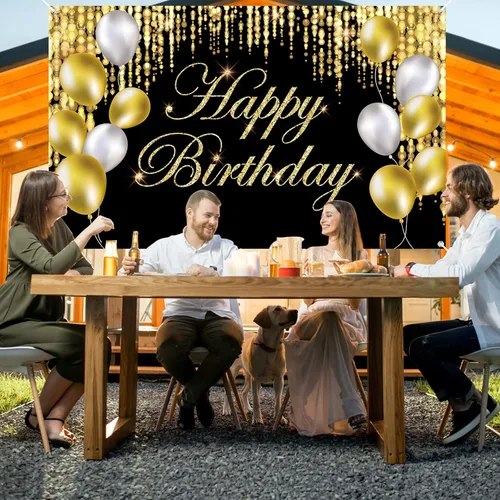 Miniatura 6 de Cartel de feliz cumpleaños negro y dorado con texto en inglés «It's My Birthday», telón de fondo para baby shower, fiesta interior y exterior