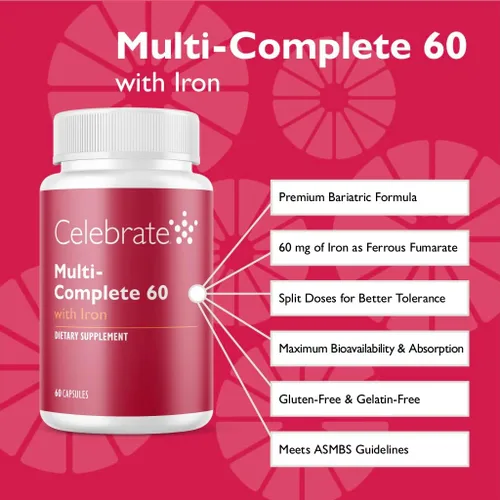 Miniatura 2 de Celebrate Vitamins Multi-Complete, 60mg Hierro – Multivitamínico bariátrico diario para pacientes con gastrectomía de manga y cirugía de bypass