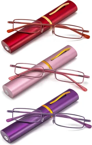 Miniatura 14 de REAVEE - 2 unidades de gafas de lectura con bolígrafo delgado para hombres y mujeres, tamaño pequeño de bolsillo, tubo con bisagra de resorte
