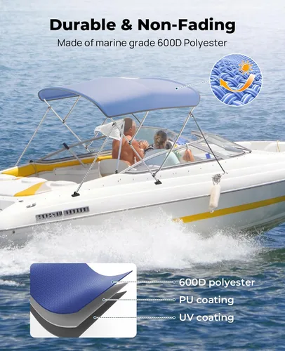 Miniatura 2 de KEMIMOTO Bimini Top para barco, Cubiertas Bimini Tops de Lona de Grado Marino 600D Toldo para Barco con 6 pies de Longitud 54 pulgadas - 96 pulgadas