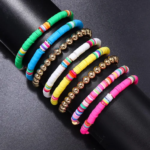Miniatura 47 de Surfer Heishi - Pulseras apilables para mujer, apilables, de vinilo arcoíris, disco de arcilla, pulseras elásticas para la amistad, joyería bohemia