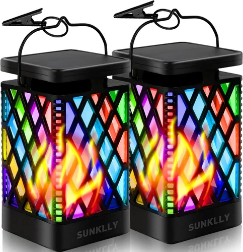 Faroles solares colgantes que cambian de color y fijas, 9 modos, impermeables, luces colgantes para exteriores, llama parpadeante, linternas de