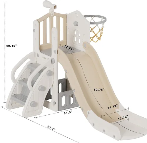 Miniatura 9 de YUFU Tobogán 5 en 1 para niños pequeños, tobogán para niños con escalador, aro de baloncesto y pelota, juego para interiores y exteriores para niños