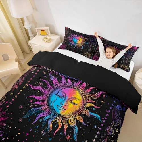 Miniatura 5 de Erosebridal Juego de ropa de cama bohemio con sol y luna, funda de edredón hippie de 3 piezas, colorida funda de edredón teñida anudada, funda