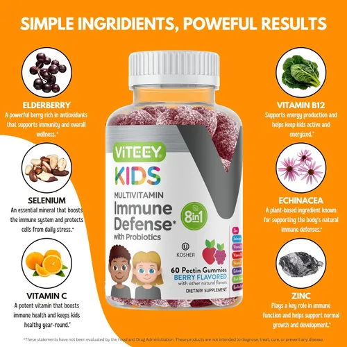 Miniatura 4 de Viteey Gomitas multivitamínicas para niños con probióticos, 8-1 vitaminas para niños para apoyo a la salud inmunológica con vitamina C, equinácea