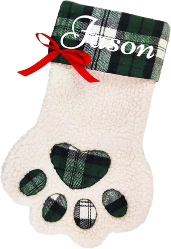 Miniatura 12 de Calcetines de Navidad personalizados para perros, patas de perro con nombre, sherpa sintético blanco con puño a cuadros rojos y detalles de hueso