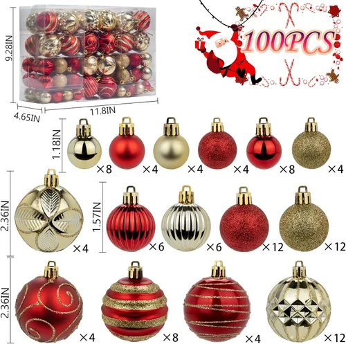 Miniatura 6 de Juego de 100 adornos de bola de Navidad, adornos de Navidad de plástico inastillables rojos y dorados para árbol de Navidad, adornos colgantes Rojo