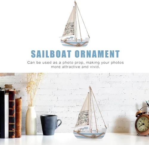 Miniatura 4 de Modelo de velero de madera, mini LED náutico, conchas náuticas, estatuilla de barco de vela de madera, decoración para el hogar, escritorio