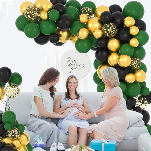 Miniatura 5 de Kit de arco de guirnalda de globos de color verde oscuro, negro y dorado, 122 globos de confeti negro verde oscuro metálico dorado para selva, Verde