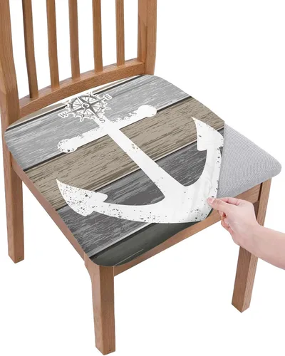 Savannan Juego de 2 fundas de asiento para silla de comedor, decoración de granja, brújula de ancla náutica, vintage, de madera, tono tierra,