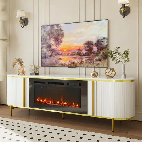 Miniatura 11 de Soporte de TV de lujo de 70 pulgadas con chimenea, moderno soporte de TV de mediados de siglo, centro de entretenimiento para televisores de hasta