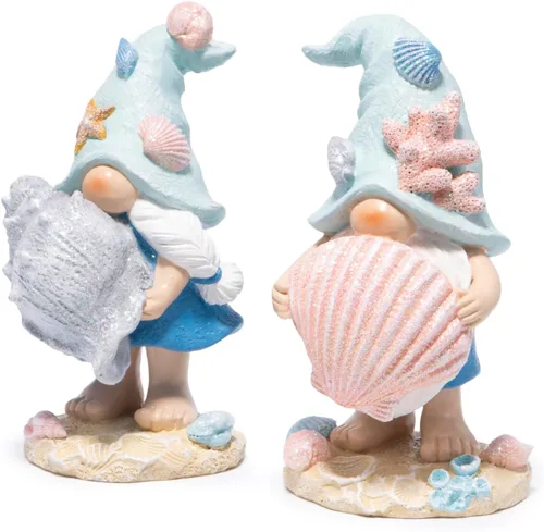 Hodao Figuras de gnomos del océano costero – Gnomos de playa de resina pintados a mano con sombreros de conchas y estrellas de mar, decoraciones de