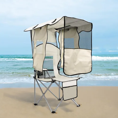 Miniatura 2 de ptlsy Silla de playa con toldo de sombra, silla de camping plegable para adultos con portavasos, bolsa enfriadora para campamento, pesca, playa, Azul
