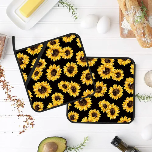 Miniatura 4 de Juego de 2 soportes para ollas florales de girasol, resistentes al calor, para microondas, hornear, horno, platos finales y barbacoa Girasol floral