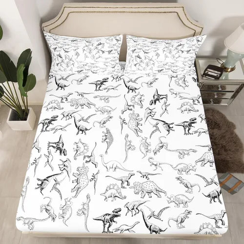 Miniatura 25 de Feelyou, juego de sábanas ajustadas con temática de construcción, niños, dinosaurios de dibujos animados, juego de ropa de cama para niños, Multi 37