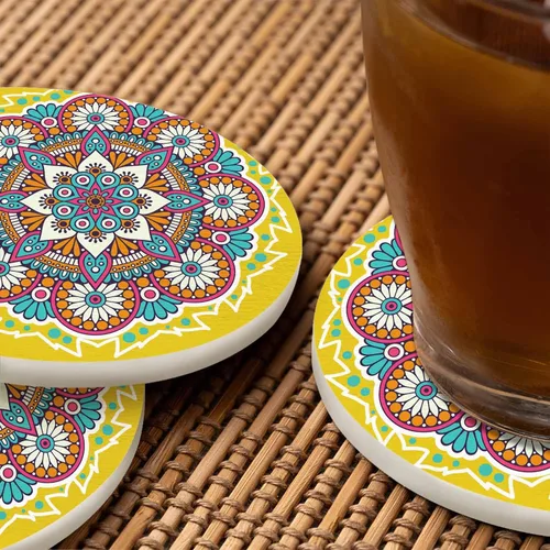 Miniatura 6 de Portavasos redondo con diseño de mandala de flores para el hogar, mesa de centro chino, oriental, fondo amarillo místico, adorno de asino, posavasos