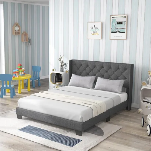 Miniatura 10 de Giantex Base de cama individual para niños, cama tapizada de tela moderna con cabecera capitoné con botones en la parte trasera de alas, base