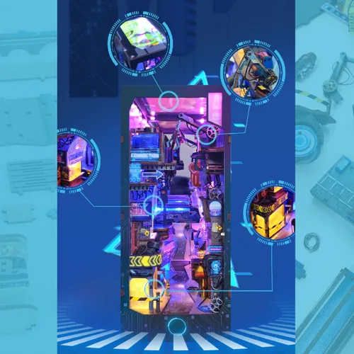 Miniatura 4 de Cyberpunk - Kit de rincón de libros para bricolaje, kit de casa en miniatura tecnológico, inserto de rincón de libros para estantería casa