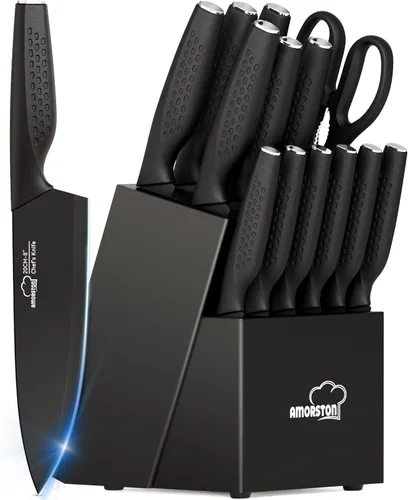 Juego de cuchillos, juego de cuchillos de cocina de 15 piezas con bloque con afilador integrado, apto para lavavajillas, juego de bloques de