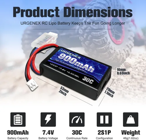 Miniatura 2 de Batería SCX24 7.4V Lipos 2S 30C (60C) Batería de litio recargable de 900 mAh con enchufe PH2.0 compatible con la mayoría de camiones RC a escala